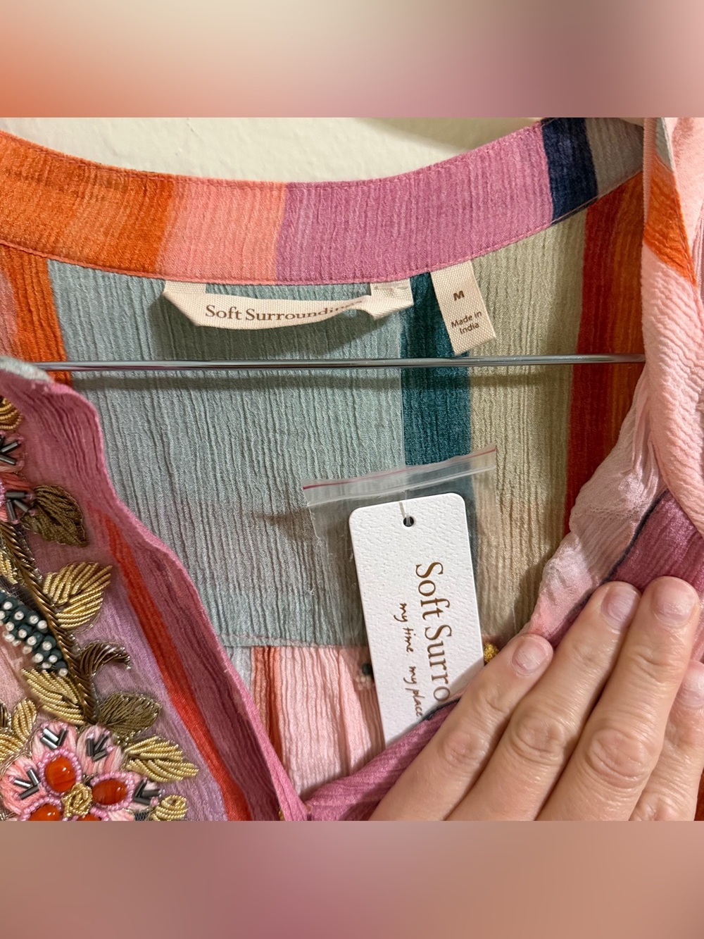 Soft Surroundings Aruba Striped Embroidered Gauze Caftan Maxi Dress M NWT - Picture 9 of 15